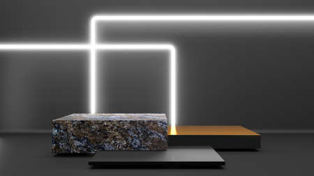 Black stand podium on dark background. Realistic dark platform. 3d renderの写真素材