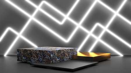 Black stand podium on dark background. Realistic dark platform. 3d renderの写真素材