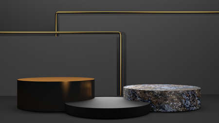 Black stand podium on dark background. Realistic dark platform. 3d renderの写真素材