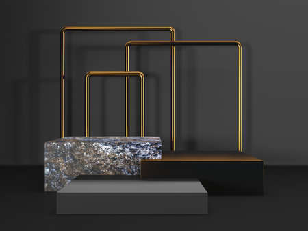 Black stand podium on dark background. Realistic dark platform. 3d renderの写真素材