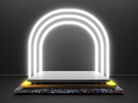 Black stand podium on dark background. Realistic dark platform. 3d renderの写真素材