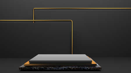 Black stand podium on dark background. Realistic dark platform. 3d renderの写真素材