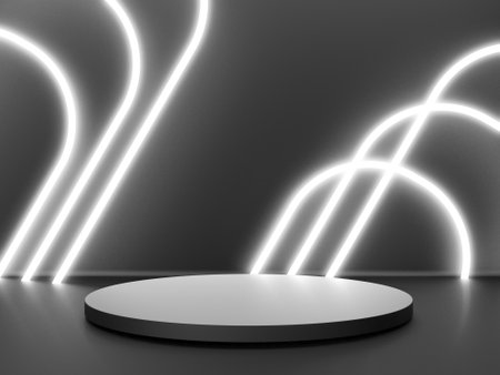 Black stand podium on dark background. Realistic dark platform. 3d renderの写真素材