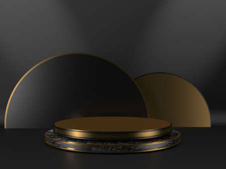 Black stand podium on dark background. Realistic dark platform. 3d renderの写真素材
