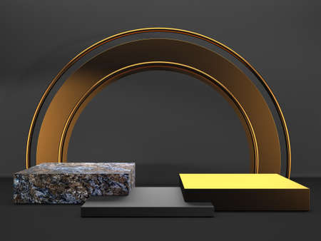 Black stand podium on dark background. Realistic dark platform. 3d renderの写真素材