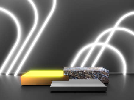 Black stand podium on dark background. Realistic dark platform. 3d renderの写真素材