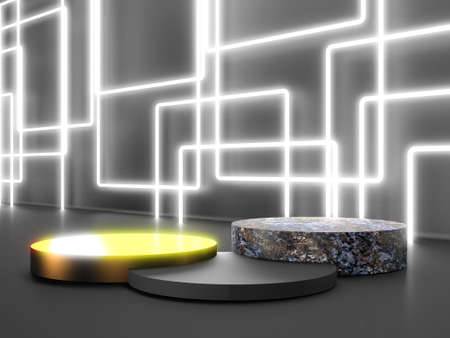 Black stand podium on dark background. Realistic dark platform. 3d renderの写真素材