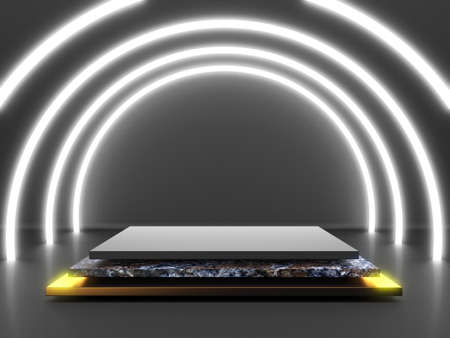 Black stand podium on dark background. Realistic dark platform. 3d renderの写真素材