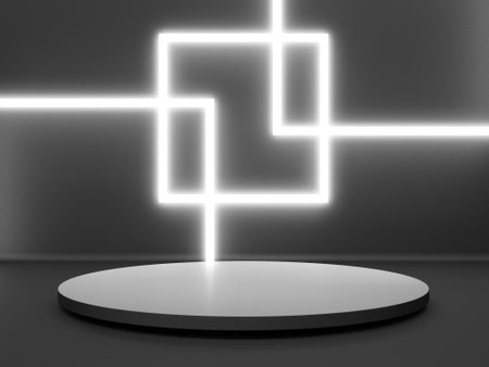 Black stand podium on dark background. Realistic dark platform. 3d renderの写真素材