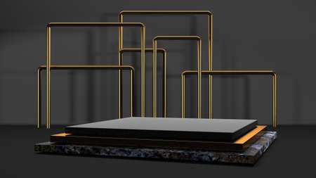 Black stand podium on dark background. Realistic dark platform. 3d renderの写真素材
