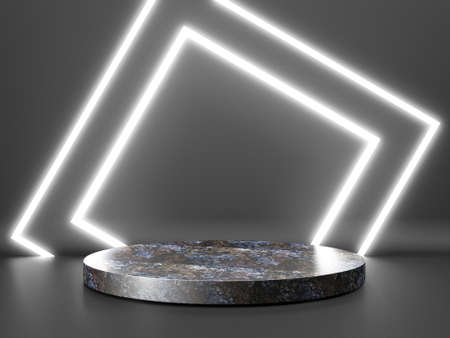Black stand podium on dark background. Realistic dark platform. 3d renderの写真素材