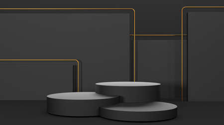 Black stand podium on dark background. Realistic dark platform. 3d renderの写真素材