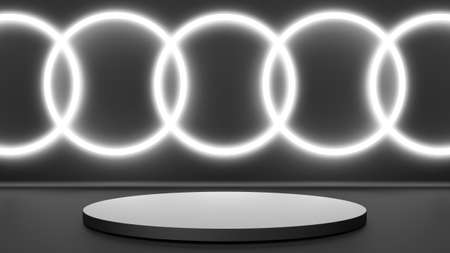 Black stand podium on dark background. Realistic dark platform. 3d renderの写真素材