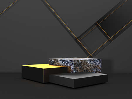 Black stand podium on dark background. Realistic dark platform. 3d renderの写真素材