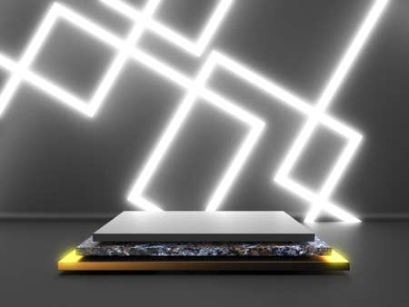 Black stand podium on dark background. Realistic dark platform. 3d renderの写真素材