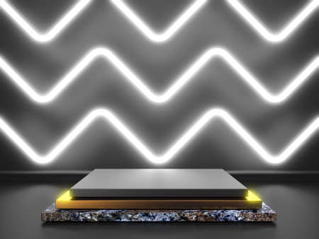 Black stand podium on dark background. Realistic dark platform. 3d render