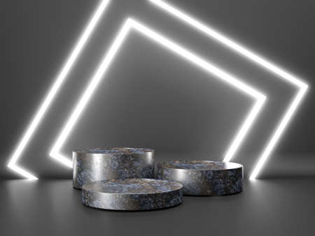 Black stand podium on dark background. Realistic dark platform. 3d renderの写真素材