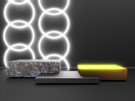 Black stand podium on dark background. Realistic dark platform. 3d renderの写真素材