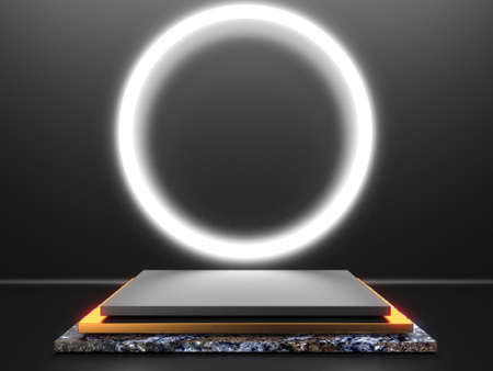 Black stand podium on dark background. Realistic dark platform. 3d renderの写真素材