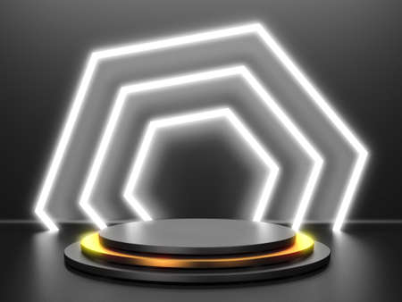 Black stand podium on dark background. Realistic dark platform. 3d renderの写真素材