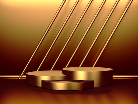 Golden luxurious pedestal or blank podium. Beautiful elegant background. 3d renderの写真素材