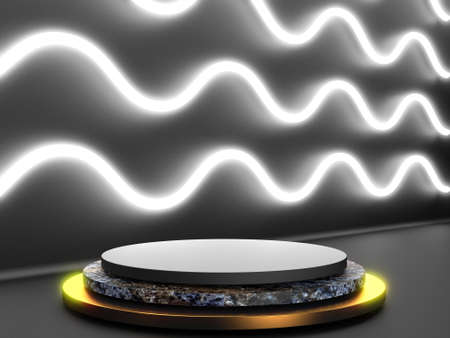 Black stand podium on dark background. Realistic dark platform. 3d renderの写真素材