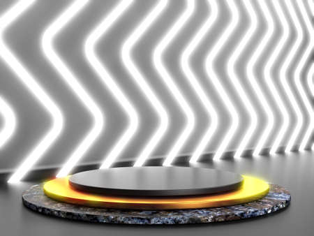 Black stand podium on dark background. Realistic dark platform. 3d renderの写真素材