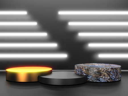 Black stand podium on dark background. Realistic dark platform. 3d renderの写真素材