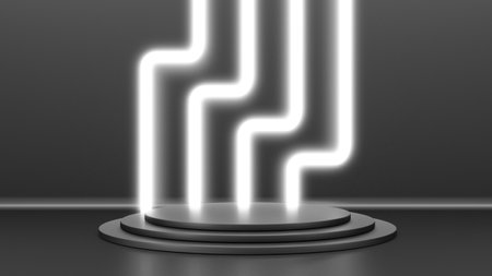 Black stand podium on dark background. Realistic dark platform. 3d renderの写真素材