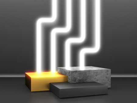 Black stand podium on dark background. Realistic dark platform. 3d render
