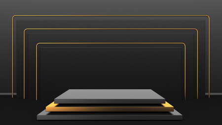 Black stand podium on dark background. Realistic dark platform. 3d renderの写真素材