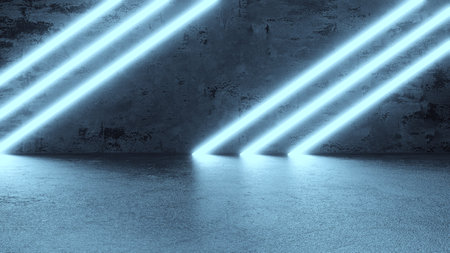 Neon Tube Lights Glowing In Concrete Floor Room. Big Hall Neon Laser Lines Beam Futuristic Interior. 3d render illustrationの写真素材