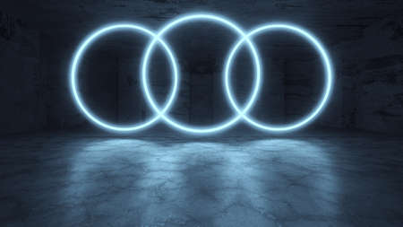 Neon Tube Lights Glowing In Concrete Floor Room. Big Hall Neon Laser Lines Beam Futuristic Interior. 3d render illustrationの写真素材