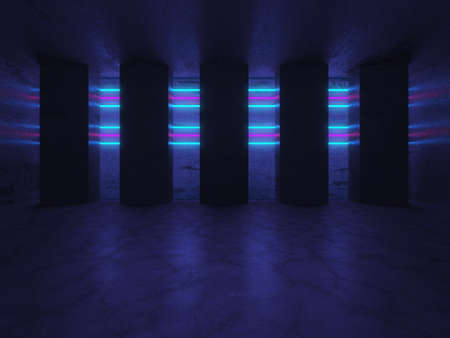Neon Tube Lights Glowing In Concrete Floor Room. Big Hall Neon Laser Lines Beam Futuristic Interior....