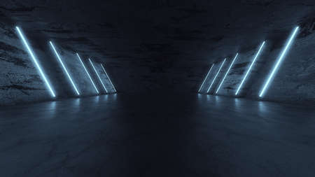 Neon Tube Lights Glowing In Concrete Floor Room. Big Hall Neon Laser Lines Beam Futuristic Interior. 3d render illustrationの写真素材