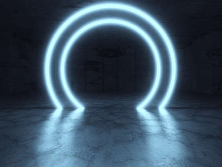 Neon Tube Lights Glowing In Concrete Floor Room. Big Hall Neon Laser Lines Beam Futuristic Interior. 3d render illustrationの写真素材