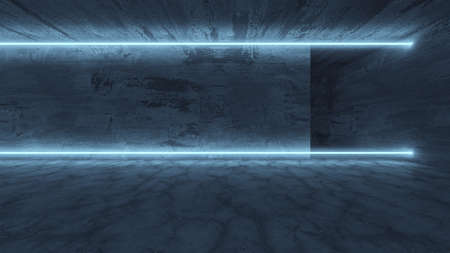 Futuristic Modern Neon Glowing Design Architecture. Abstract Empty Dark Interior Background. 3d render illustrationの写真素材