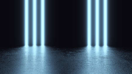 Futuristic Modern Neon Glowing Design Architecture. Abstract Empty Dark Interior Background. 3d...