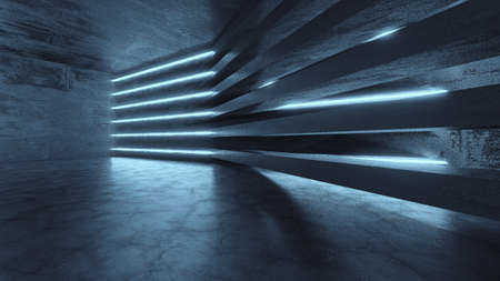 Neon Tube Lights Glowing In Concrete Floor Room. Big Hall Neon Laser Lines Beam Futuristic Interior. 3d render illustrationの写真素材