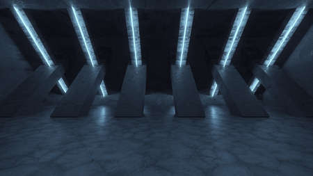 Neon Tube Lights Glowing In Concrete Floor Room. Big Hall Neon Laser Lines Beam Futuristic Interior. 3d render illustrationの写真素材