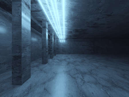 Neon Tube Lights Glowing In Concrete Floor Room. Big Hall Neon Laser Lines Beam Futuristic Interior....