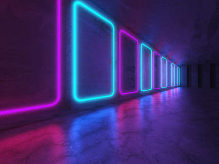 Futuristic Modern Neon Glowing Design Architecture. Abstract Empty Dark Interior Background. 3d render illustrationの写真素材