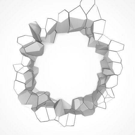Exploding wall with free area on center. Dark destruction cracked hole in white stone wall. 3d rendering illustrationの写真素材