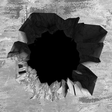 Explosion broken concrete wall bullet hole destruction. Dark cracked hole in wall. Grunge background. 3d rendering illustrationの写真素材