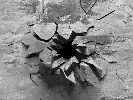 cracked broken hole in concrete wall. Grunge background. 3d rendering illustrationの写真素材