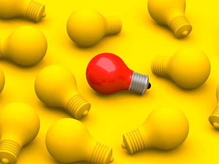 Different red bulb. One light bulb standing out from the crowd. 3d renderingの写真素材