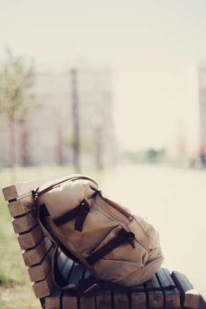 travel concept. Vintage hipster backpack. summer city streetの写真素材