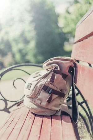 travel concept. Vintage hipster backpack. summer city streetの写真素材