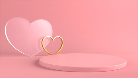 Minimal heart shapes background mock up podium. Pedestal scene with for product platform. 3d renderingの写真素材