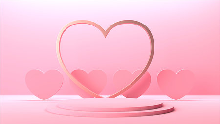 Minimal heart shapes background mock up podium. Pedestal scene with for product platform. 3d renderingの写真素材